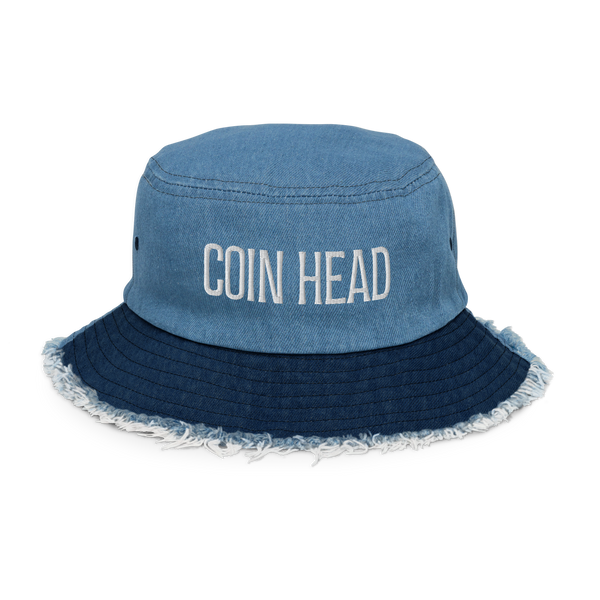 "Coin Head" Distressed denim bucket hat